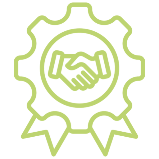 Handshake inside gear with ribbon outline.