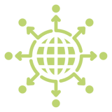 Green globe with arrows on black background.